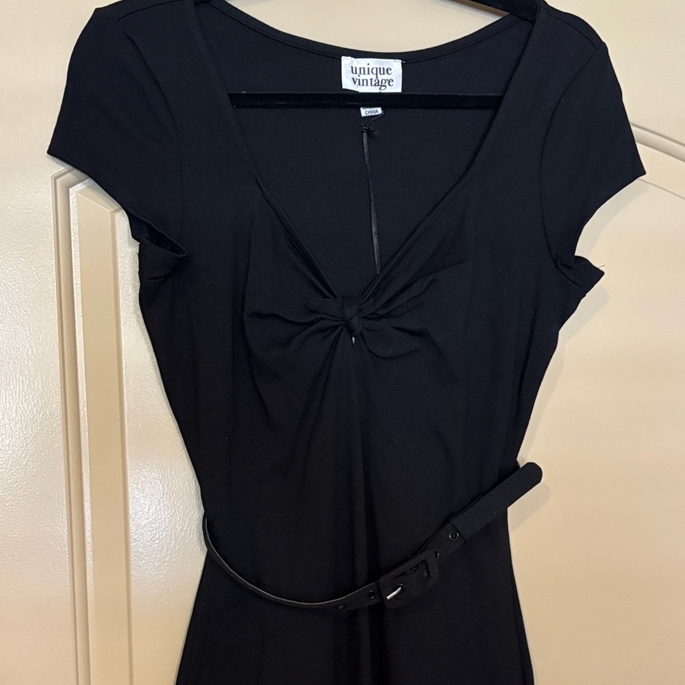 Unique Vintage Black Sweetheart Stretch Knit Pencil Dress with knot front & belt